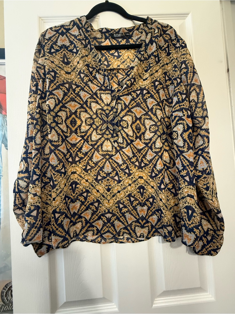 A.N.A. Navy & Gold Print Long-Sleeve Blouse